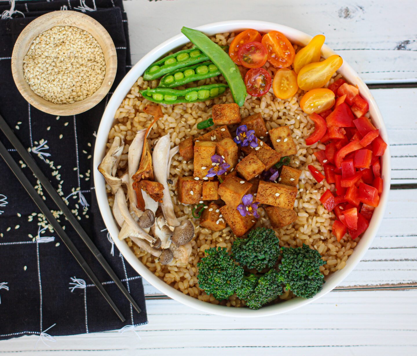 Savoury Baked Tofu on a Rice Bowl
