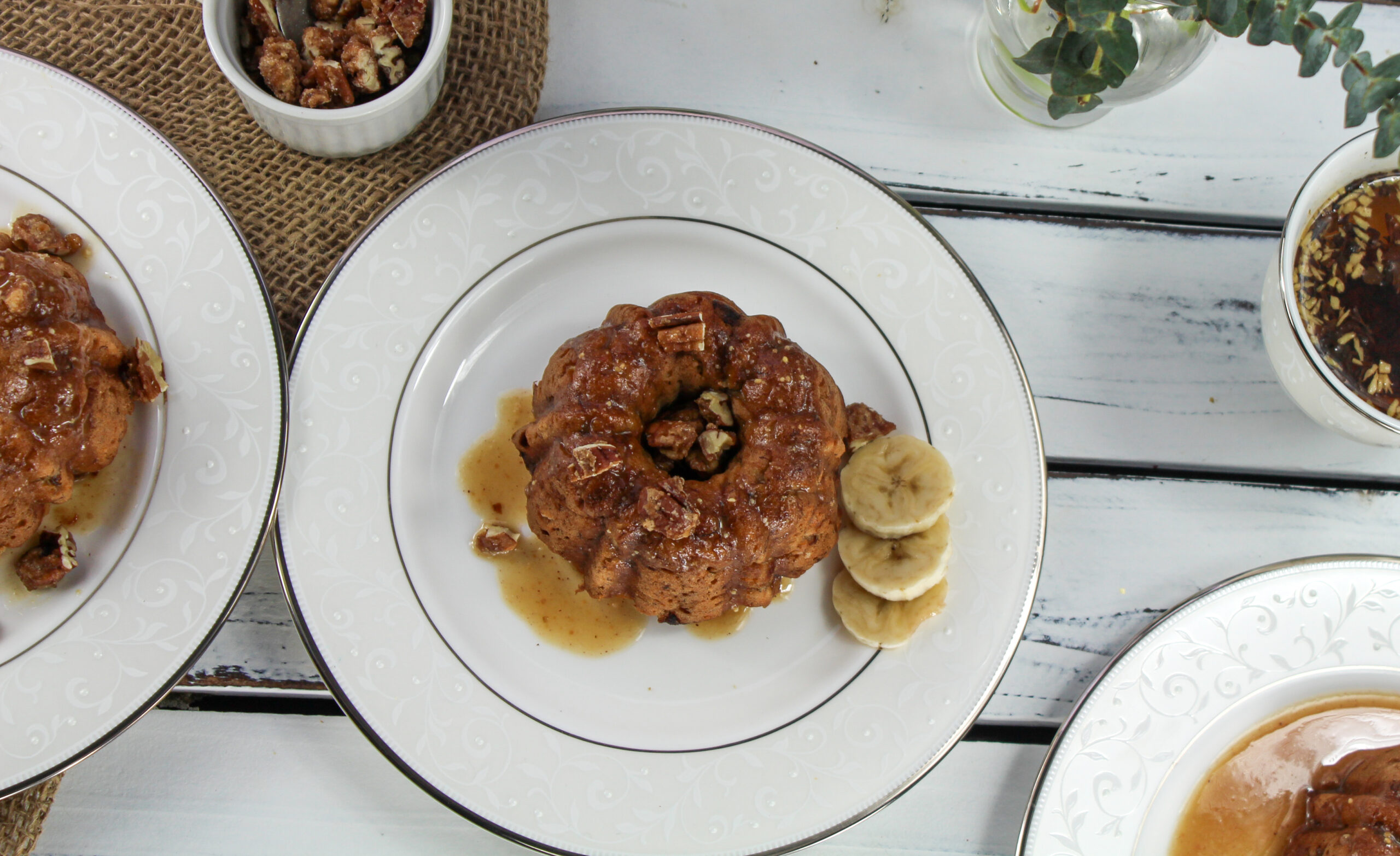 One Bowl Banana Bundt Cake with Caramel & Candied Pecans